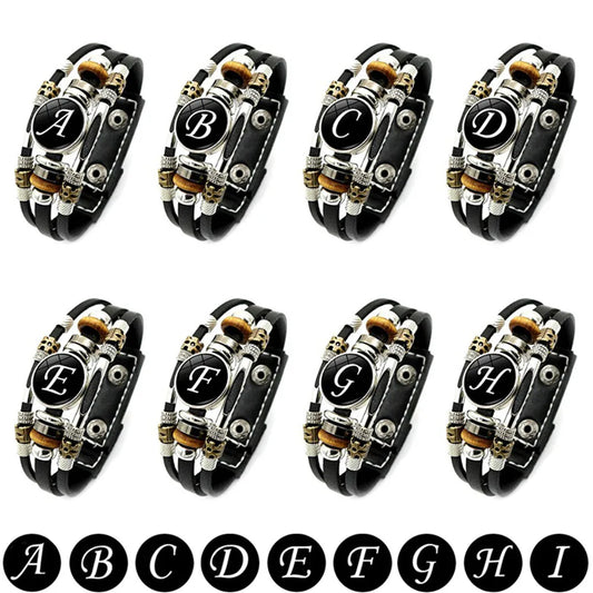 A-Z English Letters Leather Bracelet - 26 Initial Cabochon Glass Snap Wristband for Men & Women, Couple Gift