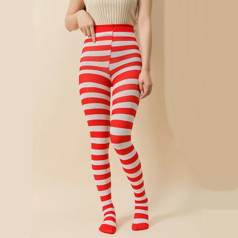 Goth Punk Women’s Rainbow Striped Pantyhose – High Waist Slim Leggings for Halloween Christmas Cosplay