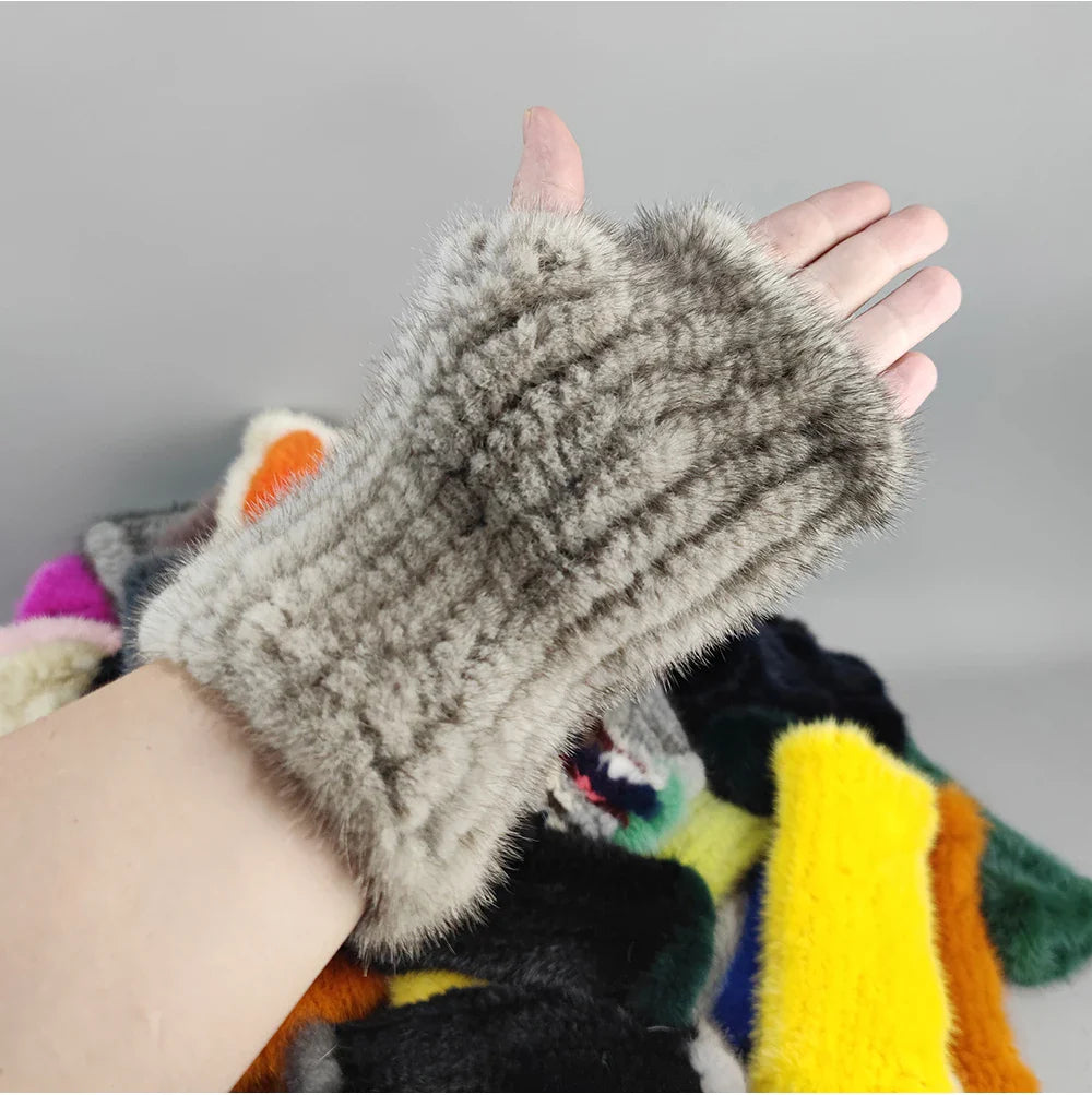 Women’s Winter Mink Fur Gloves – 100% Natural Fingerless Knitted Mittens for Warmth