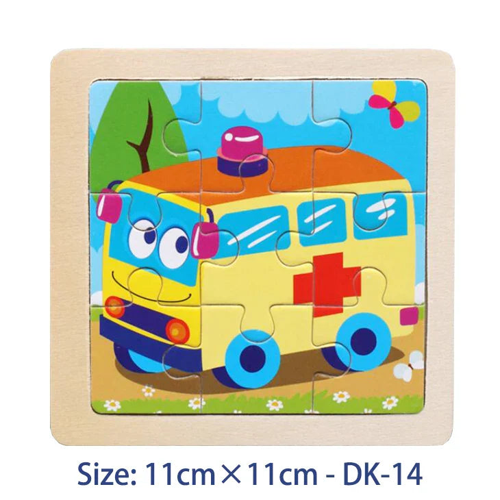 11cm Kids Wooden Jigsaw Puzzle – Cartoon Animal & Vehicle Montessori Educational Toys