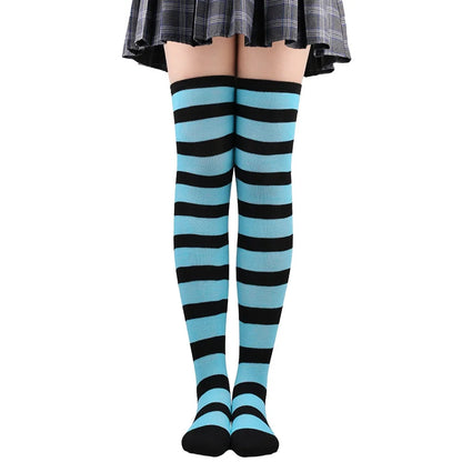 Color Striped Japanese Over-Knee Socks – Fashionable Slim Fit Black & White Stockings for Women