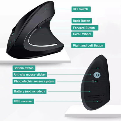 Vertical Mouse Ergonomic Wireless Optical Mice - 2.4GHz, 3 Adjustable DPI, 6 Buttons for Laptop PC Desktop