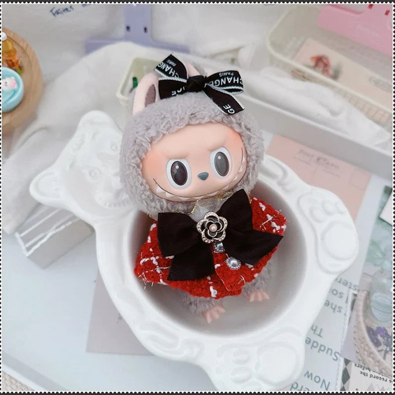 Labubu Doll Accessories — 17cm Luxury Woolen Shawl Suit & Skirt Set with Messenger Bag & Loafers