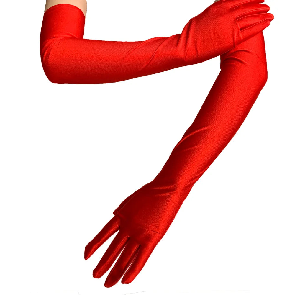 Classic Satin Long Stretch Gloves for Women – Opera, Elbow & Wrist Length Costume Gloves in Black, White, Red & Grey for Parties & Flapper Style