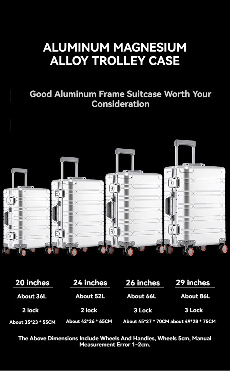 2024 Large Capacity Luggage Sets - Durable Aluminum Suitcase for Women - Carry-On Boarding Travel Options 20/24/29 Inch
