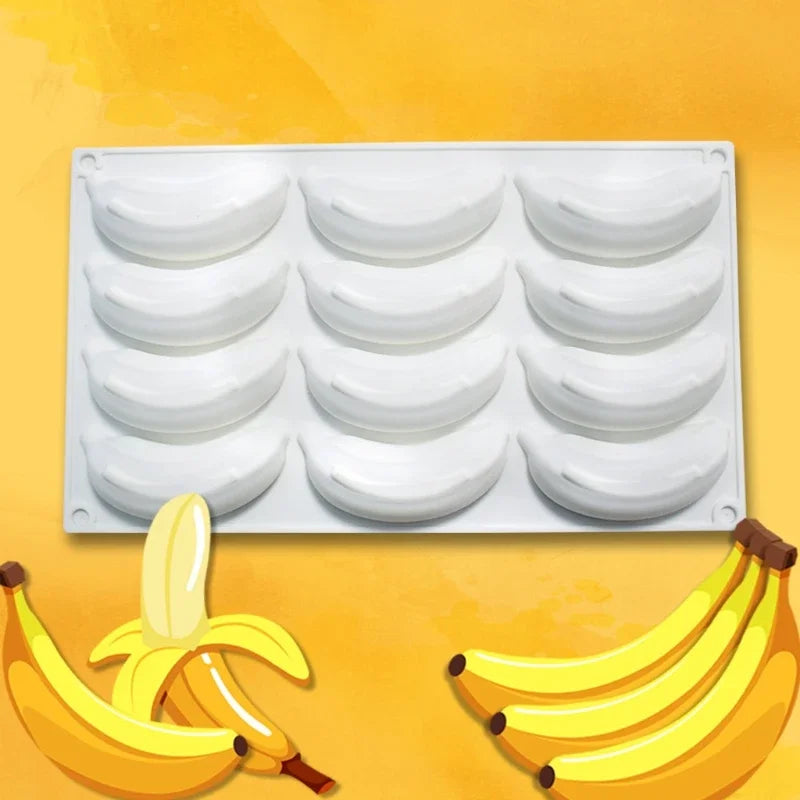 12-Cavity 3D Banana Silicone Mold – Baking Mousse Cake, Chocolate, Ice Cream & Dessert Pastry Mould