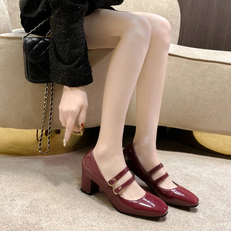2025 Women’s Double Buckle Leather Shoes – Square Toe & Heel, Solid Color Spring & Autumn Footwear