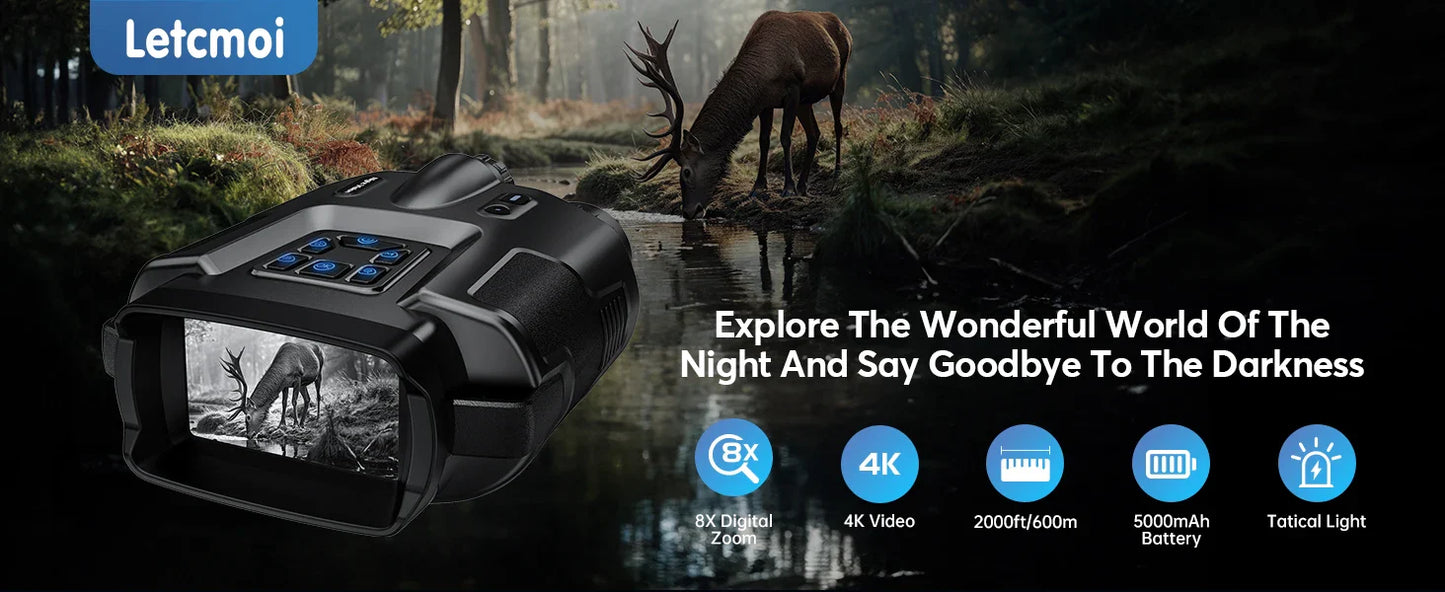 USB Rechargeable 4K Night Vision Binoculars — 600m Range, 8X Digital Zoom HD for Hunting, Camping & Boating
