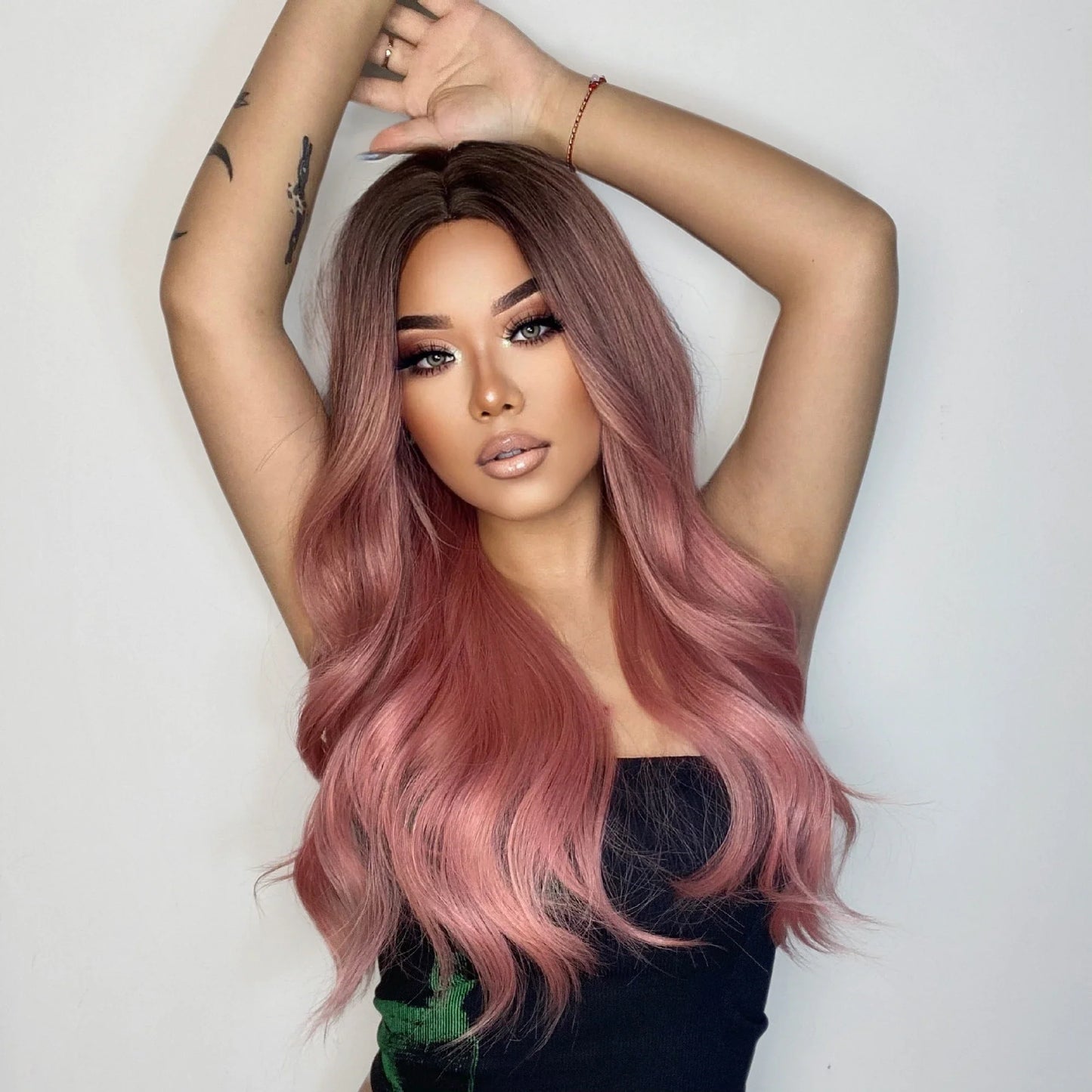 Long Pink Wavy Wig for Women — Middle Part Synthetic Hair, Heat-Resistant, Natural-Looking Cosplay Wig