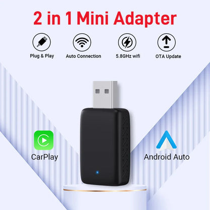 2 in 1 Wireless CarPlay & Android Auto Adapter – Wired to Wireless Dongle, Bluetooth Plug & Play Mini Box