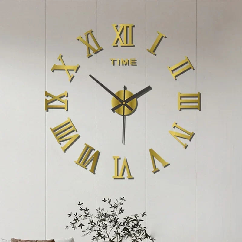 Large 3D DIY Silent Wall Clock — Simple Modern Punch-Free Wall Sticker in Black, Gold, or Silver