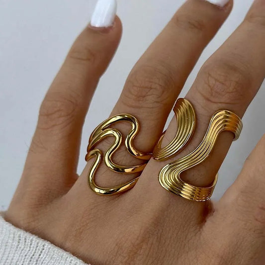Stainless Steel Irregular Wave Adjustable Ring – Creative Gold Statement Jewelry for Women & Men