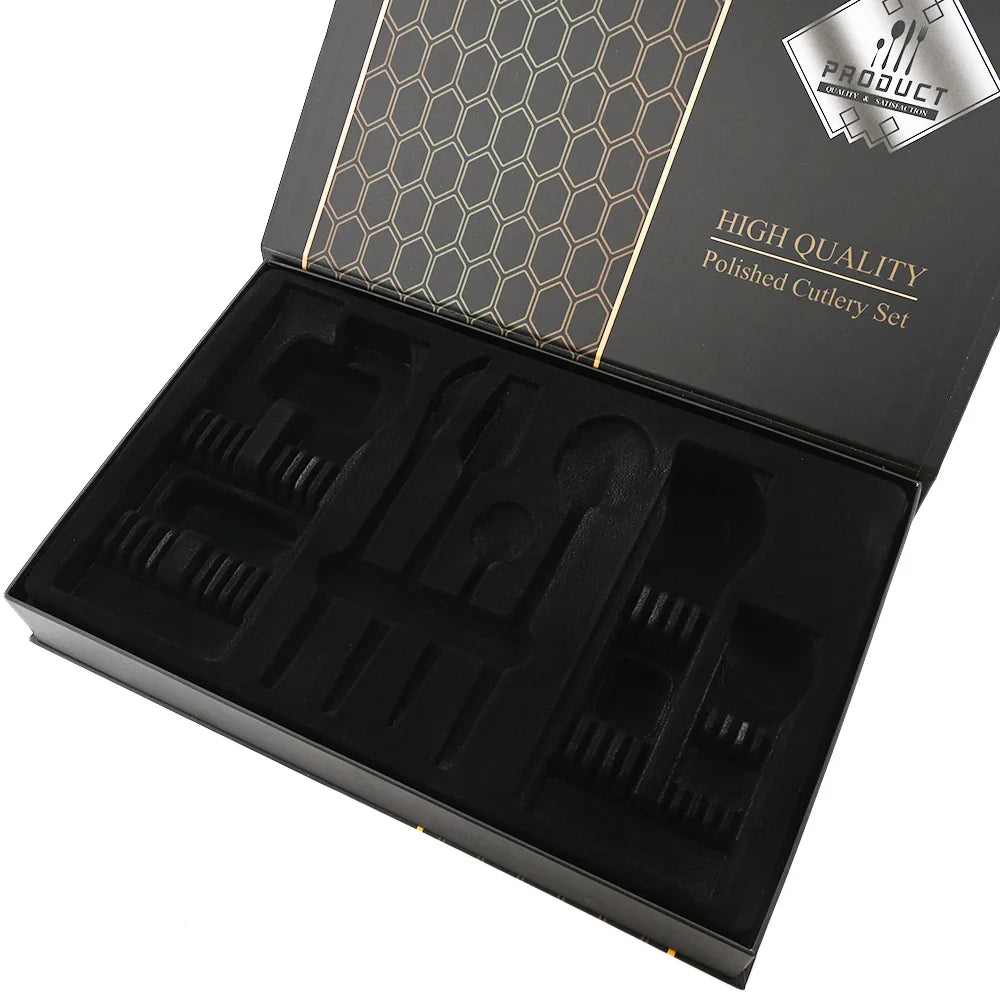 Drmfiy 24P Stainless Steel Cutlery Set - Knife Fork Spoon Flatware - Black Tableware Gift Box - Dishwasher Safe Dinnerware Kitchenware