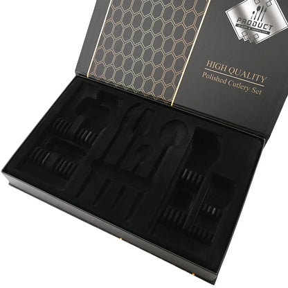 Drmfiy 24P Stainless Steel Cutlery Set - Knife Fork Spoon Flatware - Black Tableware Gift Box - Dishwasher Safe Dinnerware Kitchenware