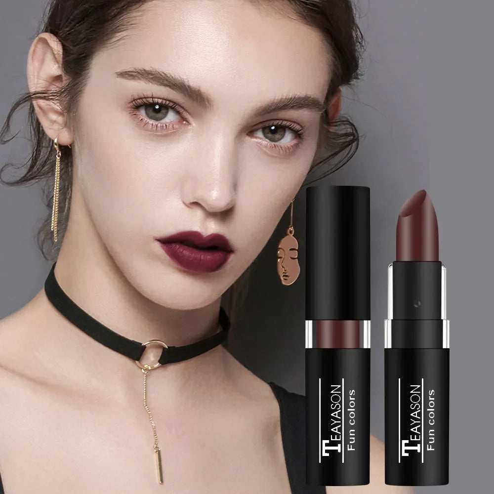 12 Color Matte Lipstick Set - Waterproof Long Lasting Lip Gloss Makeup in Black Blue Purple & Red Shades