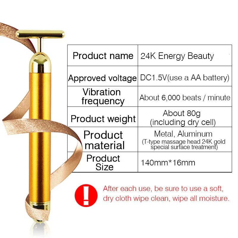 24K Gold Facial Wrinkle Lift Bar - Slimming Face Care Vibration Beauty Equipment - Facial Roller Massager with Vibration Energy