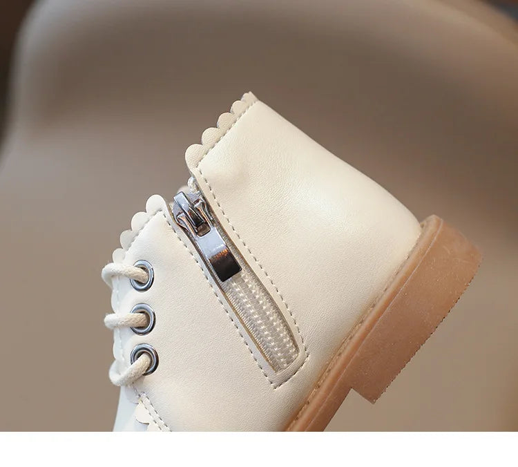 Girls’ Leather Ankle Boots 2024 — Spring & Autumn Lace-Up Side Zipper Rubber Boots, Sizes 21-30