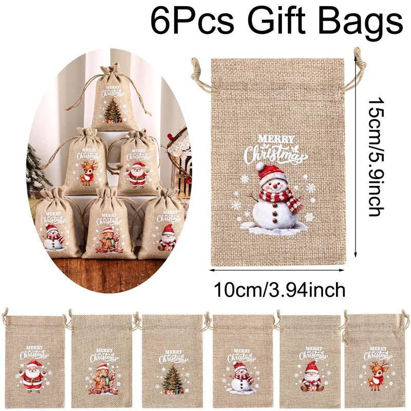 6pcs Christmas Linen Drawstring Gift Bags - Burlap Candy Biscuit Pouches for Holiday Decor & Xmas Gift Packaging