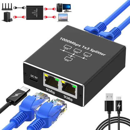 RJ45 Splitter 1-in-2/3/4 Out — 1000Mbps Gigabit Ethernet Network Adapter, Internet Extender & RJ45 8P8C Converter Plug