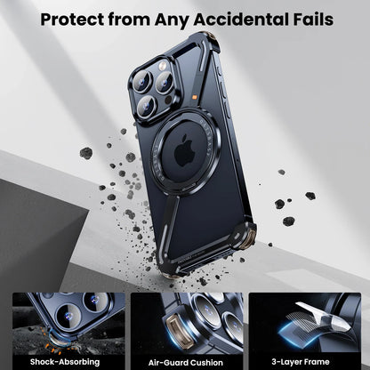 Oatsbasf Z Shape Metal Phone Case for iPhone 15/16 Pro Max – Shockproof Cover with 360° Rotating Holder & Bumper Protection