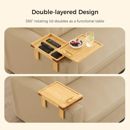 Black Sofa Armrest Tray with Storage Box – Couch Arm Table with 360° Rotating Top & Phone Stand