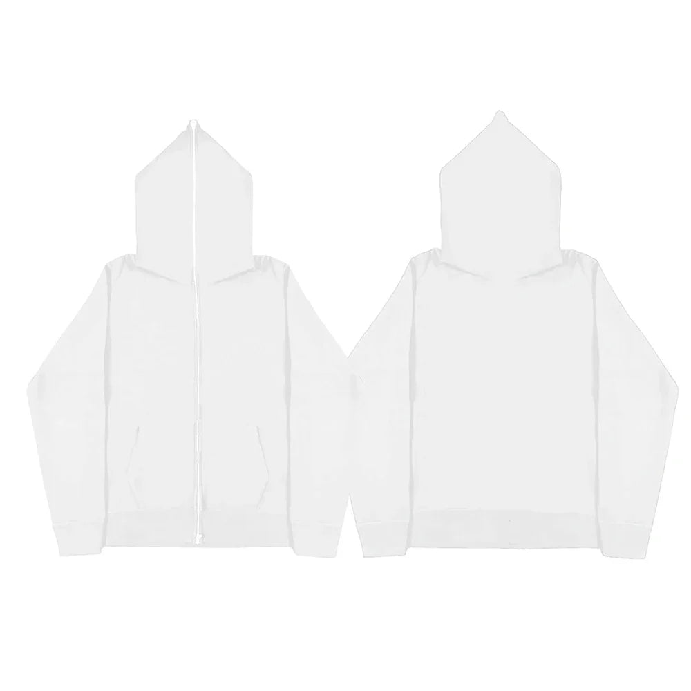 Men’s Harajuku Zip-Up Hoodie Jacket – Retro Black Oversized Long Sleeve Sweatshirt Coat