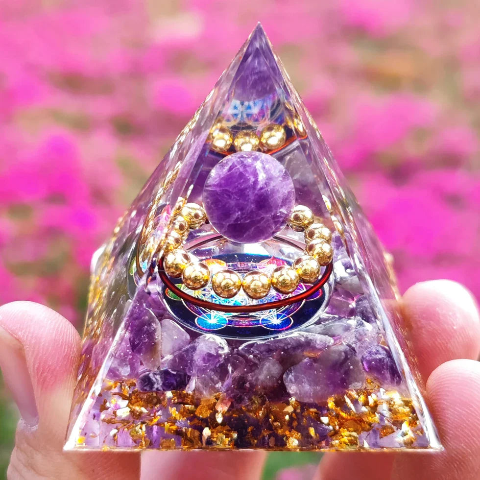 Amethyst Peridot Orgone Pyramid - Energy Generator Crystal Reiki Chakra Orgonite Meditation Tool