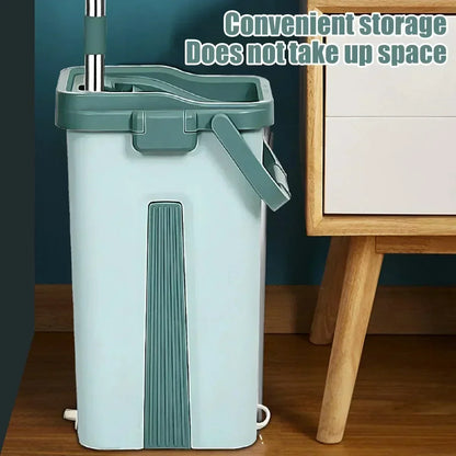 Scratch-Free Flat Mop — Hand Washable Household Wooden Floor Mop with Rotating Bucket, Lazy Mop Design