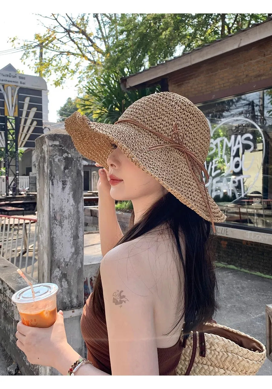 Women’s Holiday Beach Sun Hat – Large Brim Woven Straw Fisherman Hat with Bow, Seaside Sun Protection Panama Chapeau Korean Style