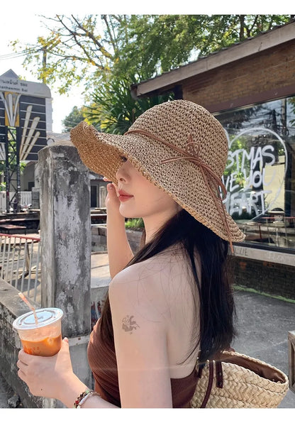 Women’s Holiday Beach Sun Hat – Large Brim Woven Straw Fisherman Hat with Bow, Seaside Sun Protection Panama Chapeau Korean Style