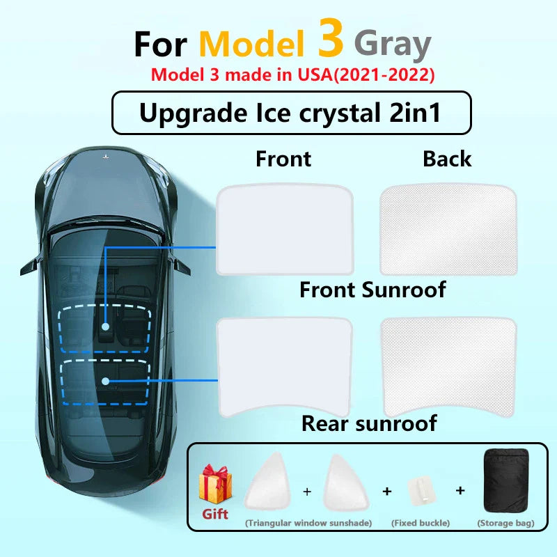 Split Sunshade for Tesla Model 3 (2017-2023) & Model Y – Front & Rear Sunroof Windshield Skylight Glass Roof Cooling Shade
