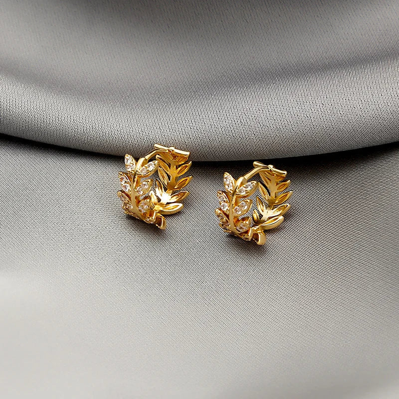 Delicate Leaf Earrings with Shiny CZ – Silver & Gold Color Fashion Hoop Earrings, 2024 Jewelry Gift for Women & Girls