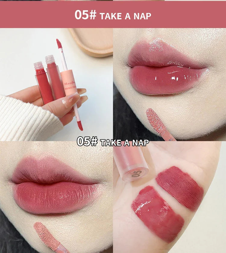 Double-End Lip Glaze – Glossy Mirror & Matte Velvet, Long-Lasting Color & Moisture, Anti-Stain Lip Gloss Cosmetic