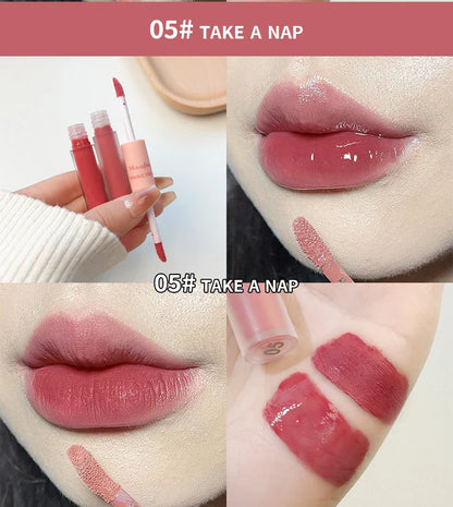 Double-End Lip Glaze – Glossy Mirror & Matte Velvet, Long-Lasting Color & Moisture, Anti-Stain Lip Gloss Cosmetic