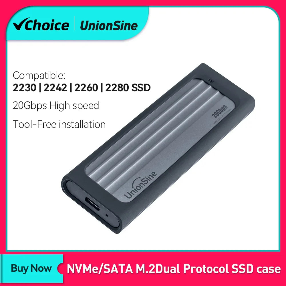 UnionSine 20Gbps M.2 PCIe SSD Case – Dual Protocol M.2 to USB Type-C 3.1 Adapter for NVMe, NGFF, and SATA SSD