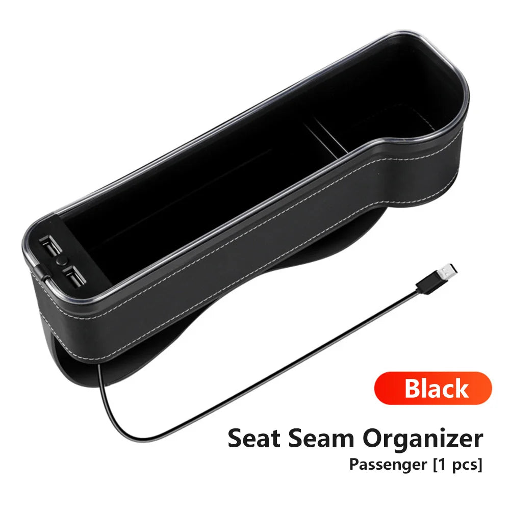 Car Crevice Storage Box with 2 USB Charger – LED Seat Gap Organizer, Phone, Bottle, and Cup Holder