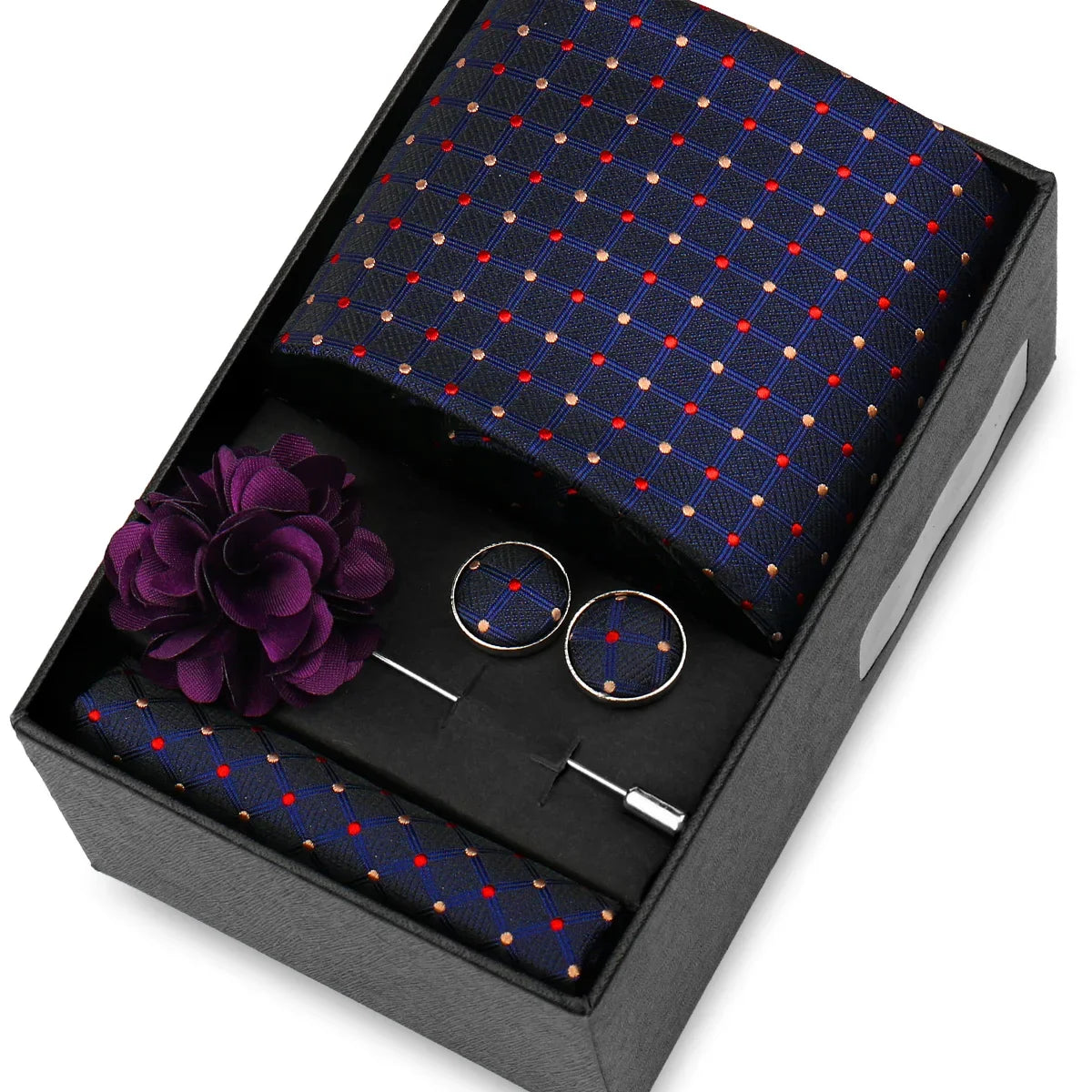 Elegant Men’s Necktie Gift Set - Fashion Tie with Handkerchief, Cufflinks & Brooch Pin Accessories for Business & Wedding