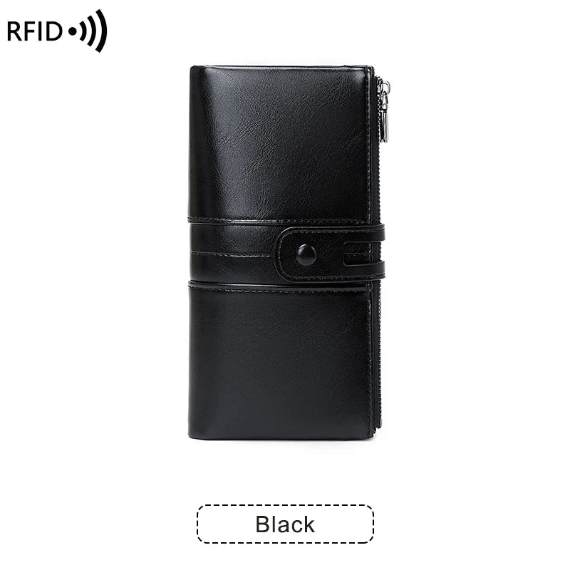 RFID Blocking Large Capacity Wallet – Soft Leather Solid Color Clutch, Multi-Functional Zipper Purse for Women & Men