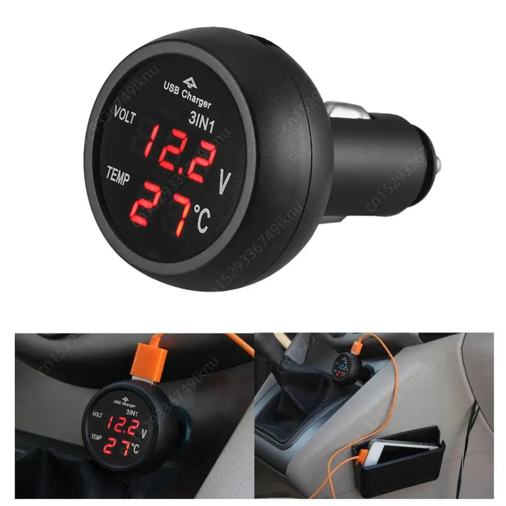 3-in-1 Car Charger & Voltmeter – 12/24V USB Charger with Thermometer, LED Digital Display & Current/Volt Detector