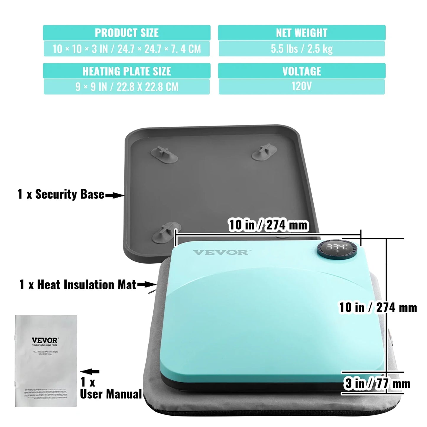 VEVOR Portable Heat Press Machine - 9x9/12x10 Inch, DIY Shirt Printing, Multifunctional Sublimation Transfer for HTV Vinyl, T-Shirt & Bag