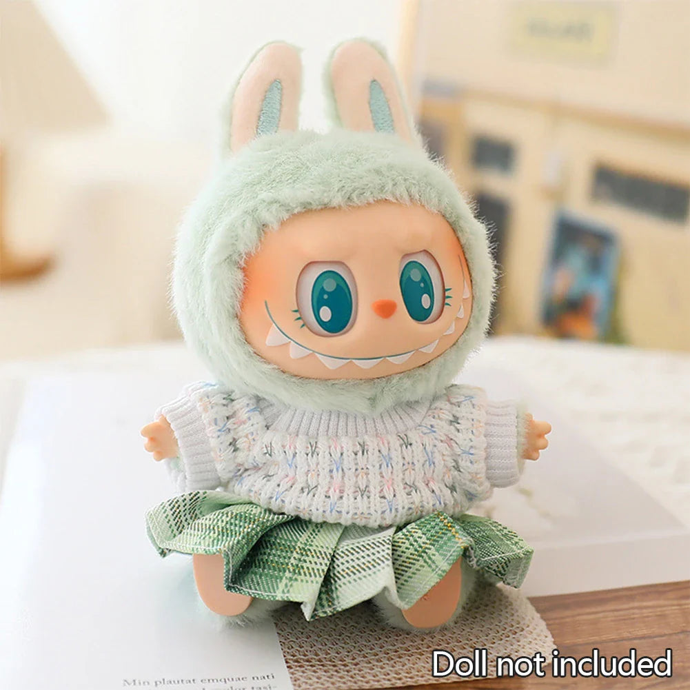 Mini Doll Clothes & Accessories — 15–17cm Labubu & 10cm Cotton Doll Outfit, Pink Hoodie & Yarn Skirt (No Doll)