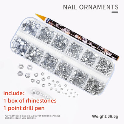 12-Grid 3D Glass AB Crystal Nail Art Rhinestones Kit – Flatback Round Beads with Tools for Nail Jewelry & Diamond Decoration
