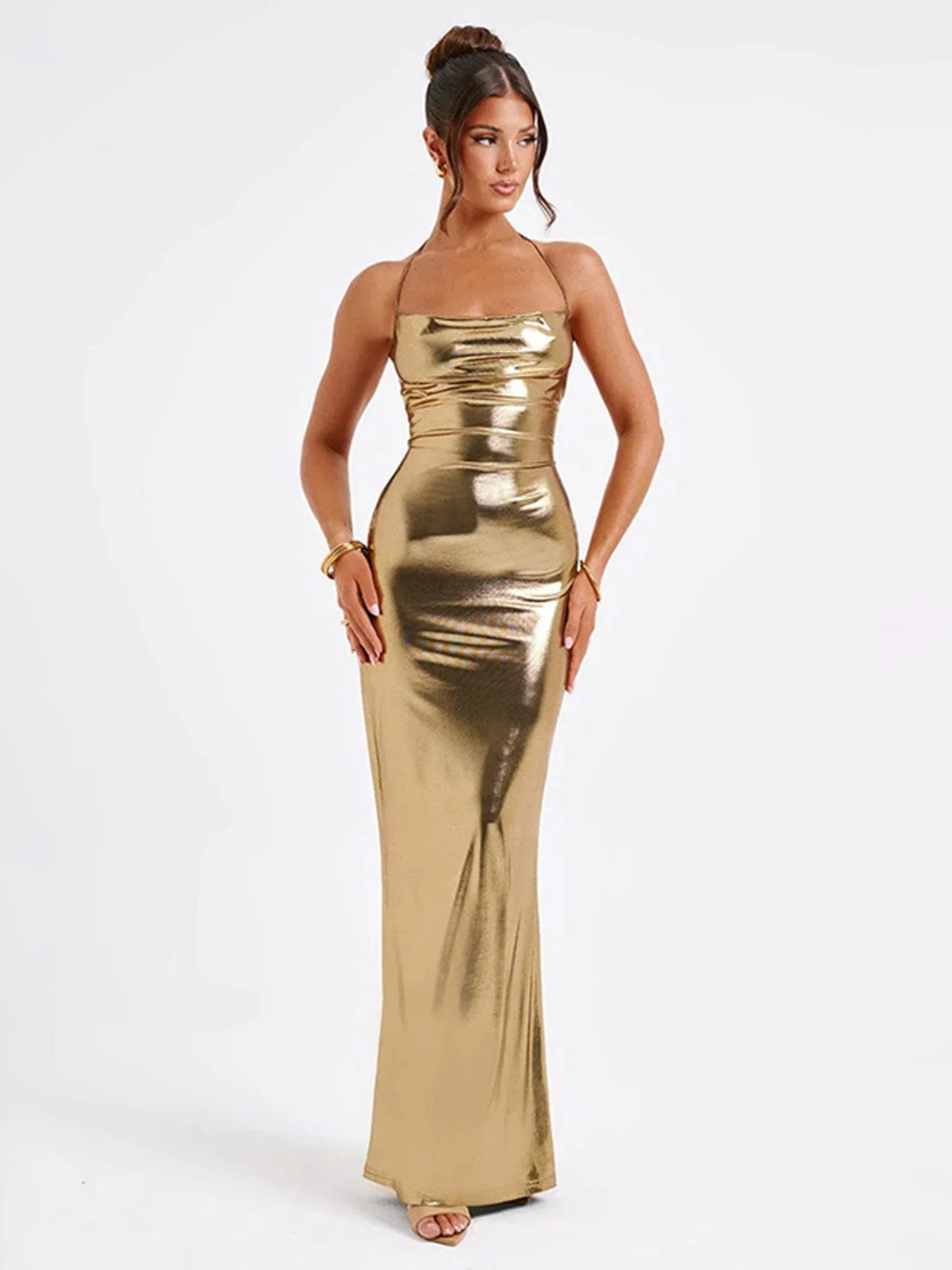 Women’s Summer Dress – Sexy Backless Halter Strap Bandage Long Dress, Slim Solid Off-Shoulder Clubwear & Streetwear