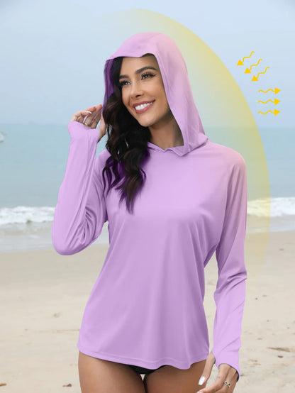 Women’s Sun Protection Hoodie – Thumb Hole & Hidden Ponytail Hooded UV Running Fitness Shirt Breathable Outdoor Sports Top