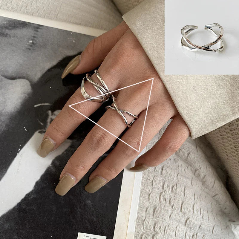 VENTFILLE 925 Sterling Silver Adjustable Ring – Vintage Hollow Line Punk Hip Hop Couple Jewelry