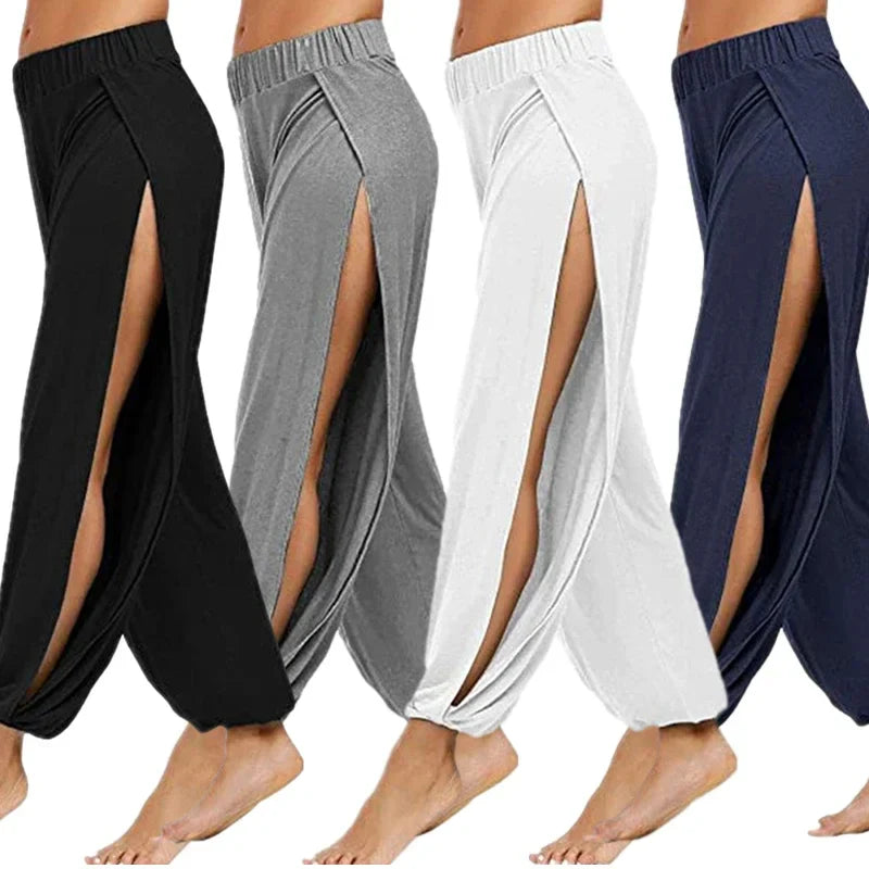 Women’s Summer High Slit Harem Pants – Loose Fit Wide Leg Yoga & Sports Trousers, Breathable Hippie Style Activewear