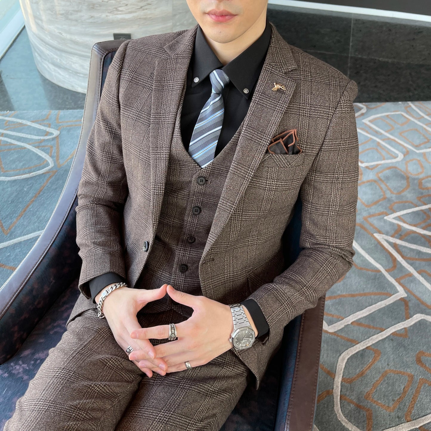 Men’s British Korean Plaid Three-Piece Suit – Stylish Business Casual Set with Blazer, Vest & Trousers