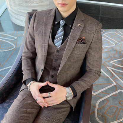Men’s British Korean Plaid Three-Piece Suit – Stylish Business Casual Set with Blazer, Vest & Trousers