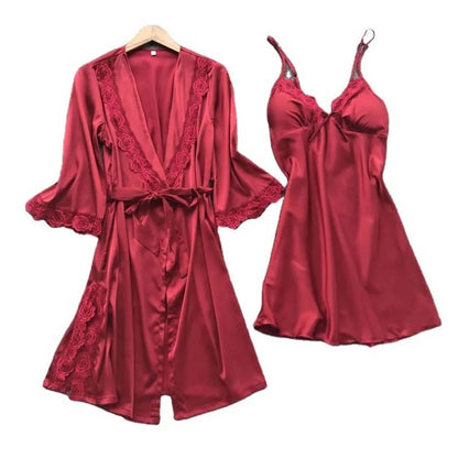 2PCS Satin Lace Pajamas Set - Elegant Female Sleepwear with V-Neck Lace Robe for Wedding Nightwear