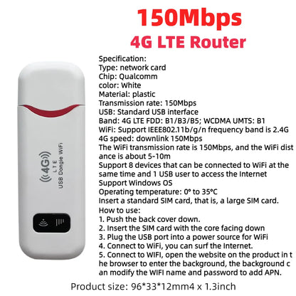 4G LTE USB Modem Dongle — 150Mbps Wireless WiFi Mobile Router with SIM Card Slot for Home & Office Pocket Hotspot
